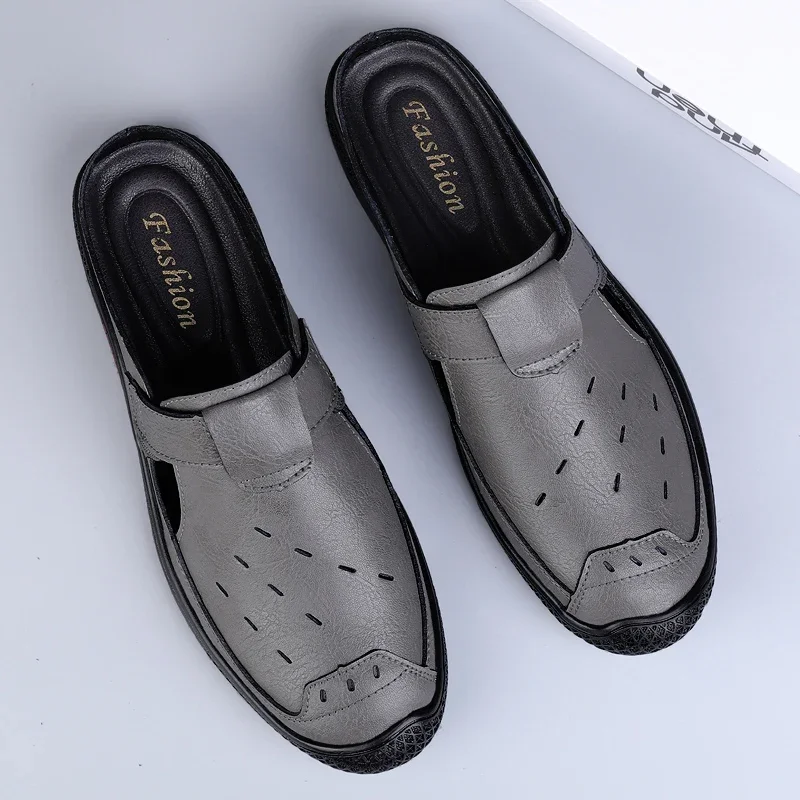 

New half Slipper men loafers genuine leather shoes men slippers new fashion lazy boat shoes men breathable slip on Muller shoes