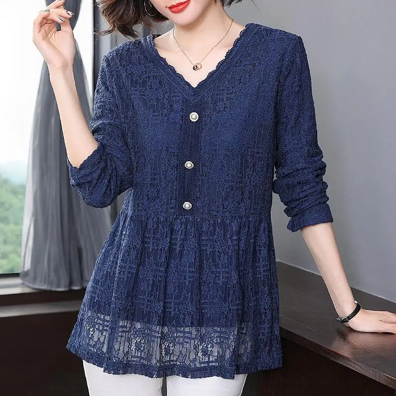 Vintage Solid Color Elegant Lace V-Neck Shirt Women\'s Clothing Spliced Spring Autumn Chic Button Long Sleeve All-match Blouse