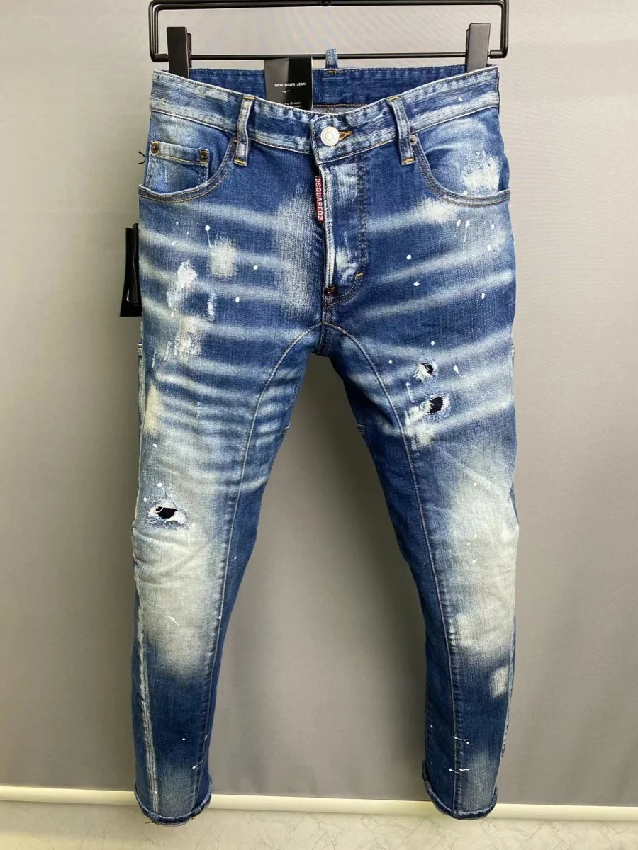 

Creative Washed Men's Slim Fit Jeans 2024 New Style Distressed Patch Dyeing Straight Leg Casual Youthful Resistant to Dirt