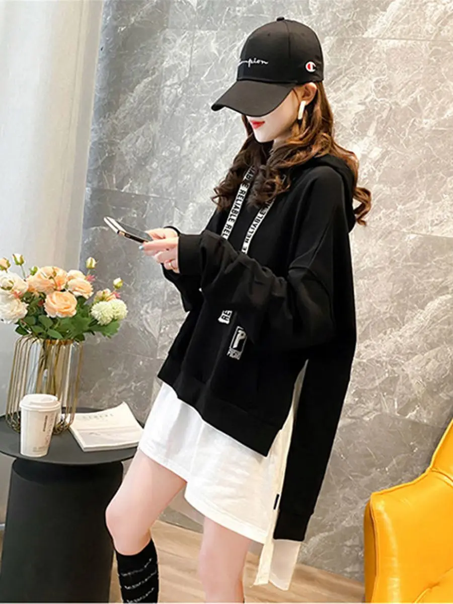 Black Letter Print Hoodie Harajuk Women Patchwork Sweatshirt Girl Ulzzang Loose Leisure Chic High Street Gothic Sweatshirt Femme