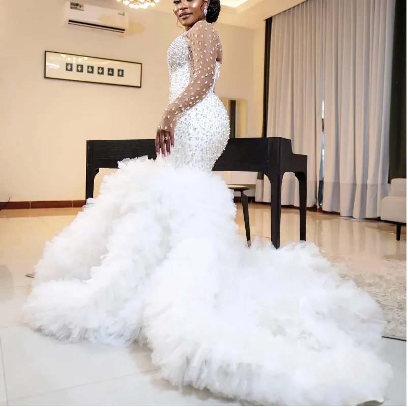 

White long Africa Mermaid Bridal Wedding Dresses For Black Girls Vintage Applique Vestido De Noival Customized