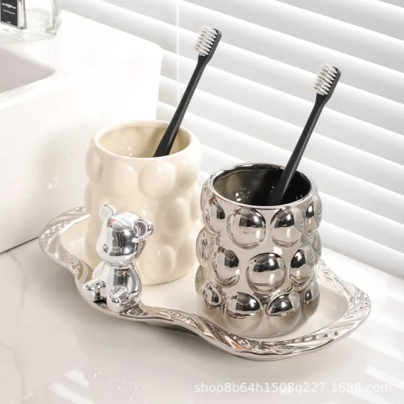 Luxury Electroplated Ceramic Mug Set Lovers Double Toothbrush Cup Gift Home Toothbrush Cartridge Cup Toilet Bathroom Accessories