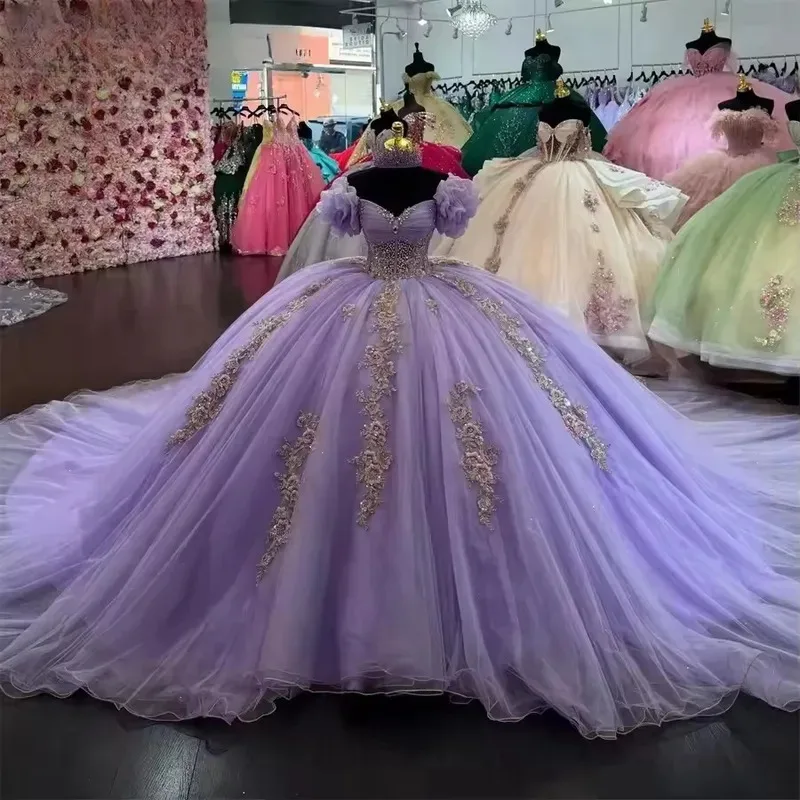 

Сиреневое платье Quinceanera с открытыми плечами по индивидуальному заказу, кружевное женское пышное платье с аппликацией из бисера, Vestidos De 15, платья Quinceanera для выпускного вечера