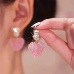 Pink Love Heart Fairy Cute Earrings for Women Korean Summer Sweet Fashion Temperament Earring Daily Birthday Party Jewelry Gifts