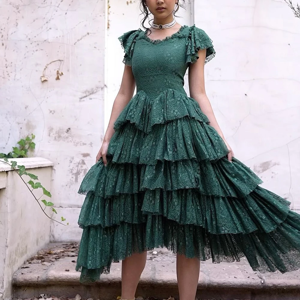 

Ruffles Short Sleeve Lace Prom Gown A-line V Neck Tea-Length Evening Party Dresses Vestido De Novia Illusion Banquet Dress