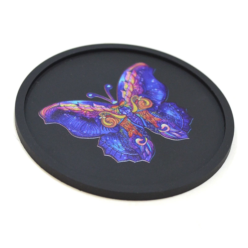 Customized pattern home dining table decorations non slip round shape soft rubber coasters