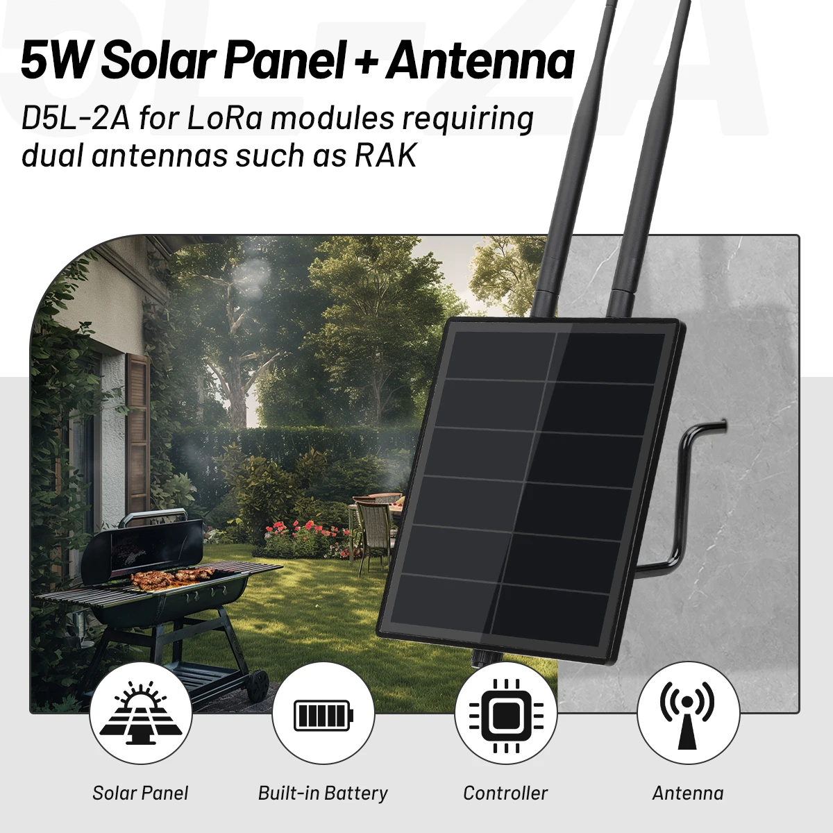 Panel słoneczny D5L Meshtastic RAK LoRa z wbudowanym kontrolerem solarnym do samodzielnego montażu, zasilany energią słoneczną, Meshtastic Wisblock RAK z anteną.