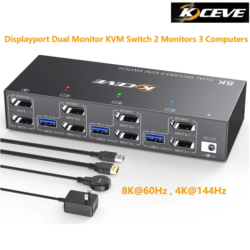 8K Displayport HDMI KVM Switch 2/3 Monitors 3 / 4Computers 8K@60Hz 4K@144Hz,Dual/Triple Monitor Mixed Display KVM with 4 USB3.0