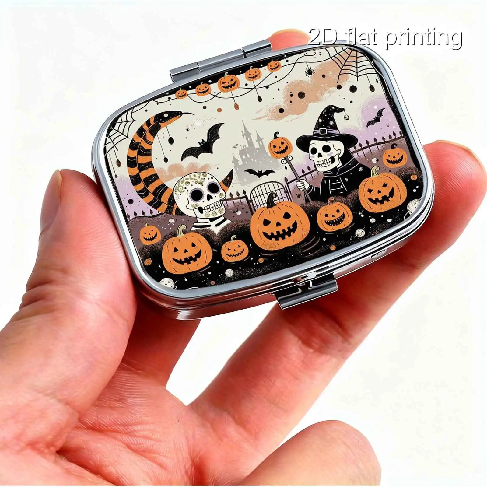 1Pc Flat Cartoon Pink and Purple Halloween-Themed Box with Skull, Wizard, Crescent Moon, Pumpkin, and Spider Designs, Square Two-Compartment Small Pill Box, Portable Medicine Organizer, Small Jewelry Storage, Suitable for Handbags or Travel, Holiday Gifts, Souvenirs, Prizes, Small Gifts, Suitable for Personal Use or as an Exquisite Gift Option