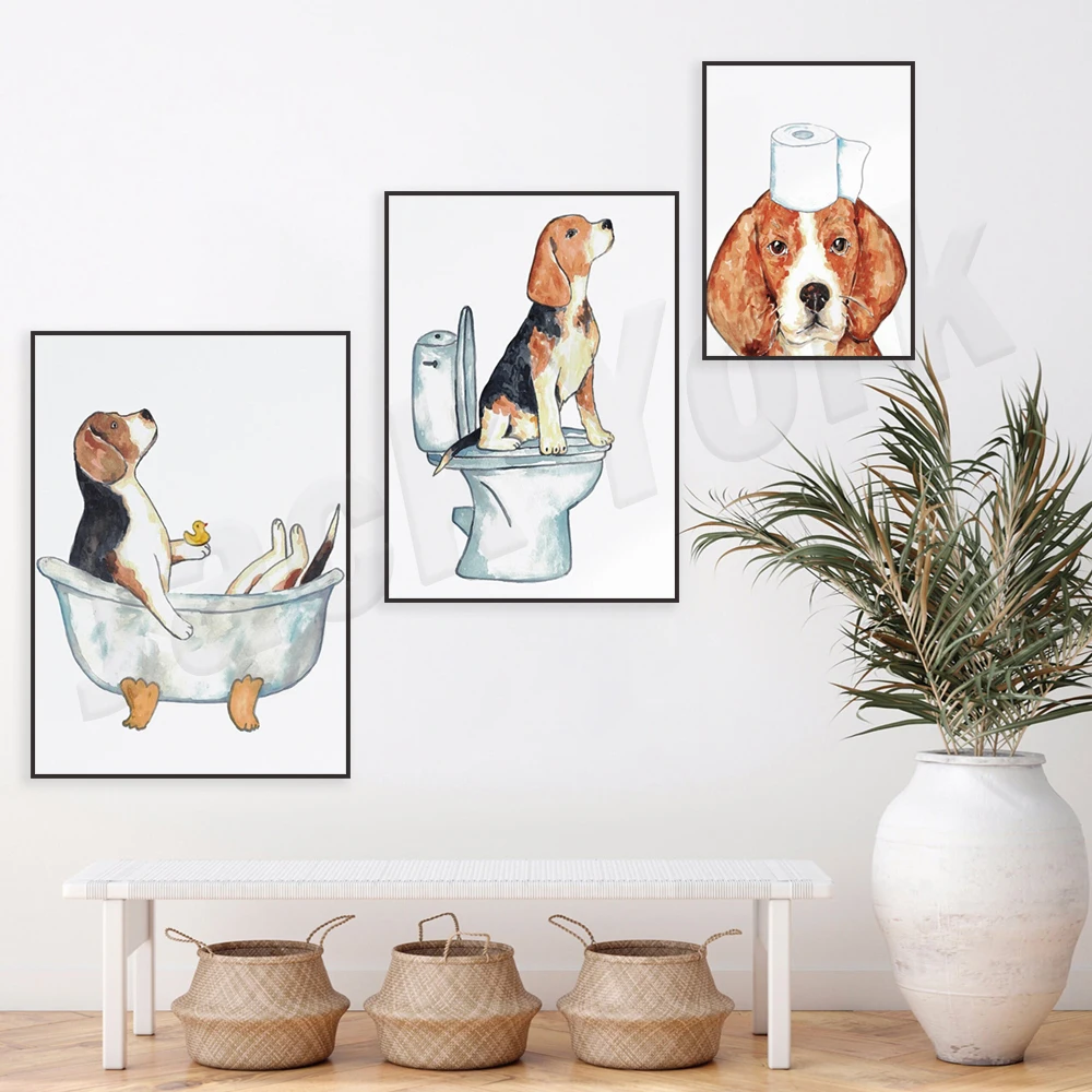Beagle dog toilet wall poster watercolor art print, beagle dog pet painting funny bathroom tub lavatory, home decor, toilet deco
