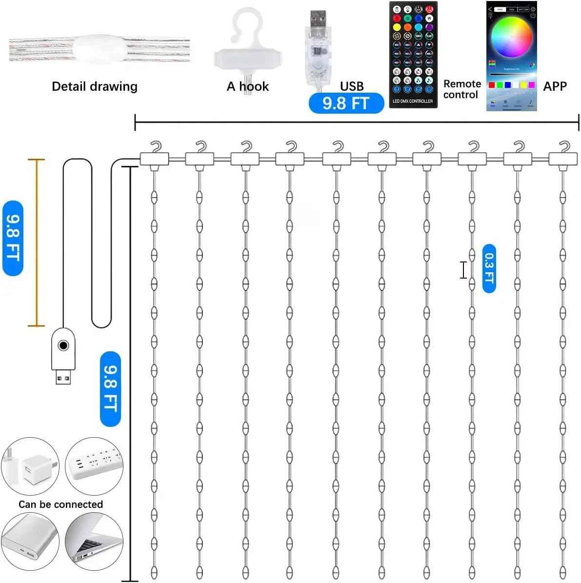 Imagem -04 - Rgb Led Curtain Lights para Decoração de Natal Fairy String Lights com Controle Inteligente de Aplicativos Guirlanda para Festa de Casamento Interior e Exterior