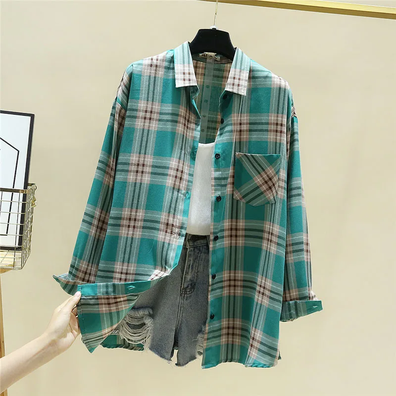 2024 New Casual Loose Women Plaid Shirt Lady Blouses Long Sleeve Shirts and Tops Oversized Female Cotton Checked Clothes