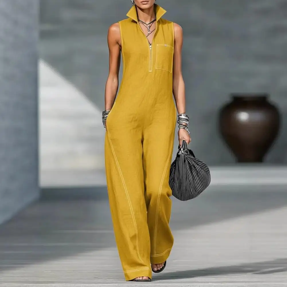 

Women Sleeveless Jumpsuit Casual Long Pants Rompers With Pockets Summer Zip Up Stand Collar One Piece