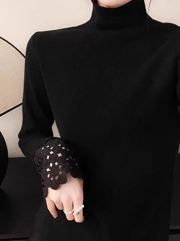 신상 슬리 홀로우 아웃 롱 슬리브 하이 칼라 니트 스웨터 슬림 핏 패셔너블 베이스 레이어 편안한 컬러 탑