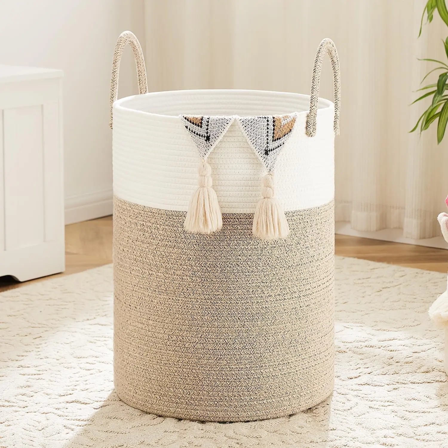 

Woven Cotton Rope Laundry Basket, 100L Storage for Clothes, Toys, Blankets in Bathroom and Living Room