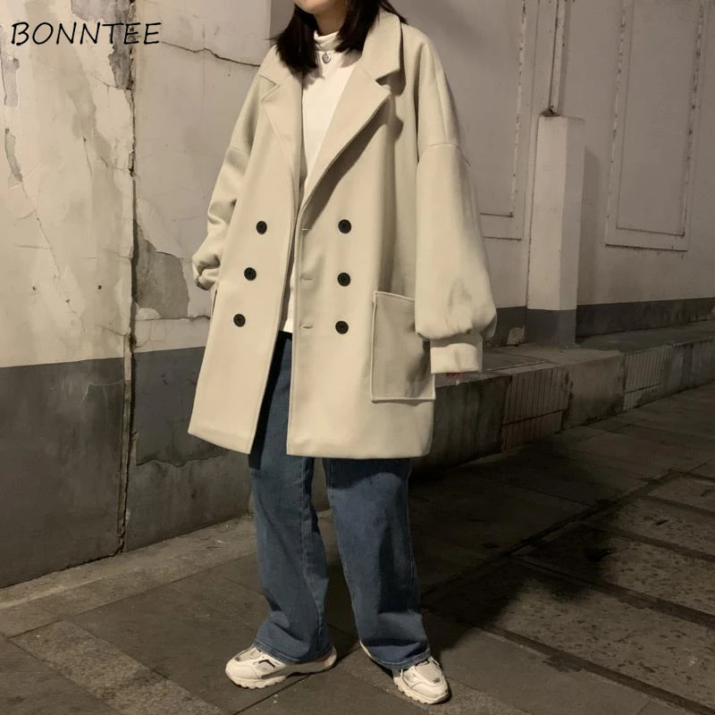 Wool Coats Women Winter Keep Warm Harajuku Couples Simple Korean Style Designed Windbreaker Double Breasted Streetwear Fashion