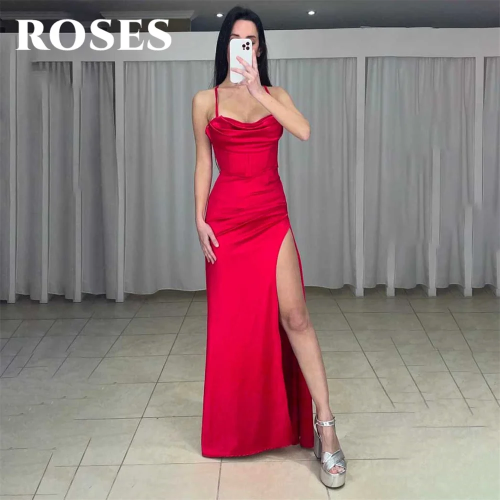 

ROSES Red Evening Dress Spaghetti Strap Mermaid V-Neck Party Dress Vestido De Novia Sexy Pleat Side Split Sleeveless Prom Dress