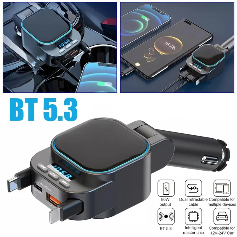 

Ведущий Bluetooth-передатчик 5,3 FM для автомобиля с быстрой зарядкой PD Type-C + QC3.0 96 Вт и двойными выдвижными кабелями
