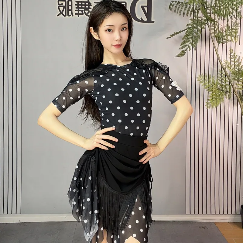 

Women Polka Dot Latin Dance Dress Mid-Sleeve Standard Ballroom Practice Costume performance accessories Dancewear top zym