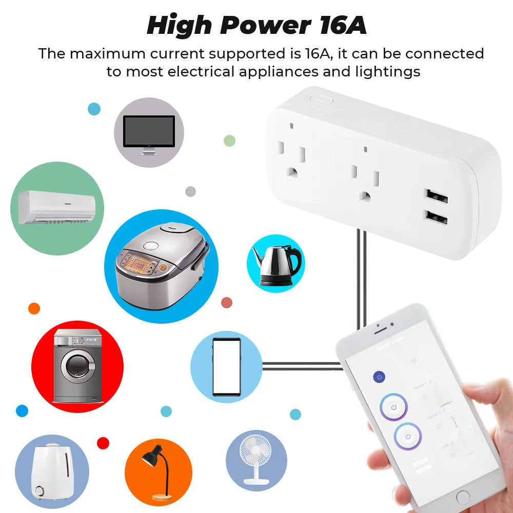 Tuya WiFi Smart Socket Appliances, prise américaine, fonction de synchronisation, 2 ports USB, 16A, fonctionne avec Alexa, Google Home, commande vocale