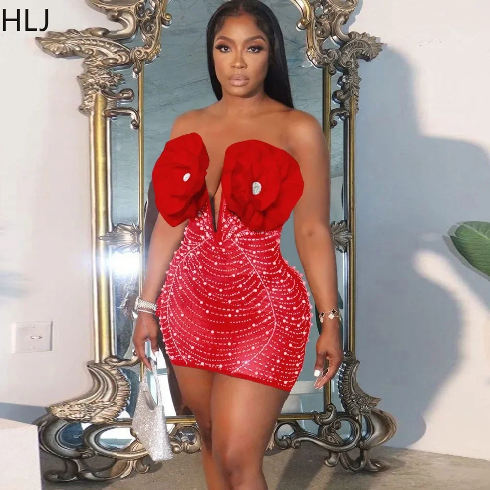 HLJ Red Sexy Luxury Rhinestones Pearls Flower Party Club Mini Dresses Women Off Shoulder Sleeveless Slim Vestidos Fashion Dress