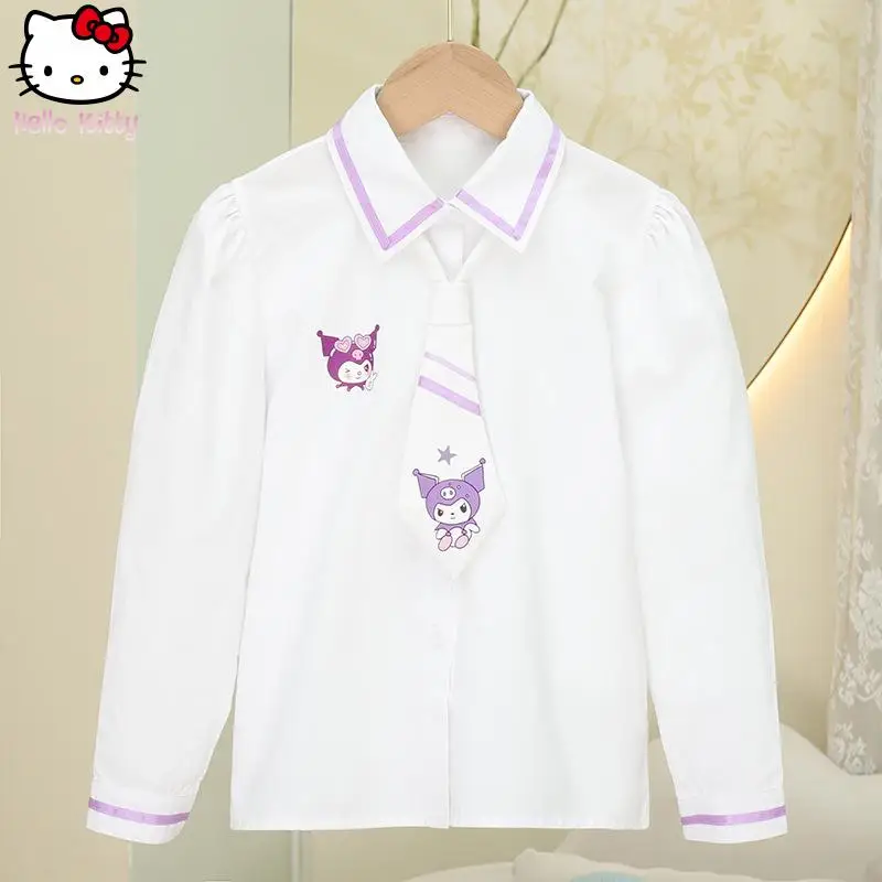 

Новая аниме-рубашка с длинными рукавами, белая, осенняя, с принтом Hello Kitty, мультяшная, кавайная, с отложным воротником, модная корейская версия, повседневная хлопковая рубашка