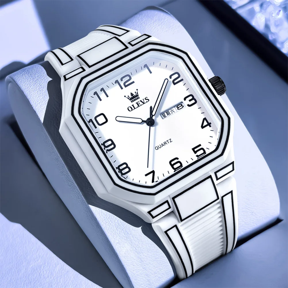 

OLEVS мужские часы в стиле комиксов, белые линии, силиконовый ремешок, элитный бренд, оригинальные кварцевые часы для мужчин, водонепроницаемые с автоматической датой