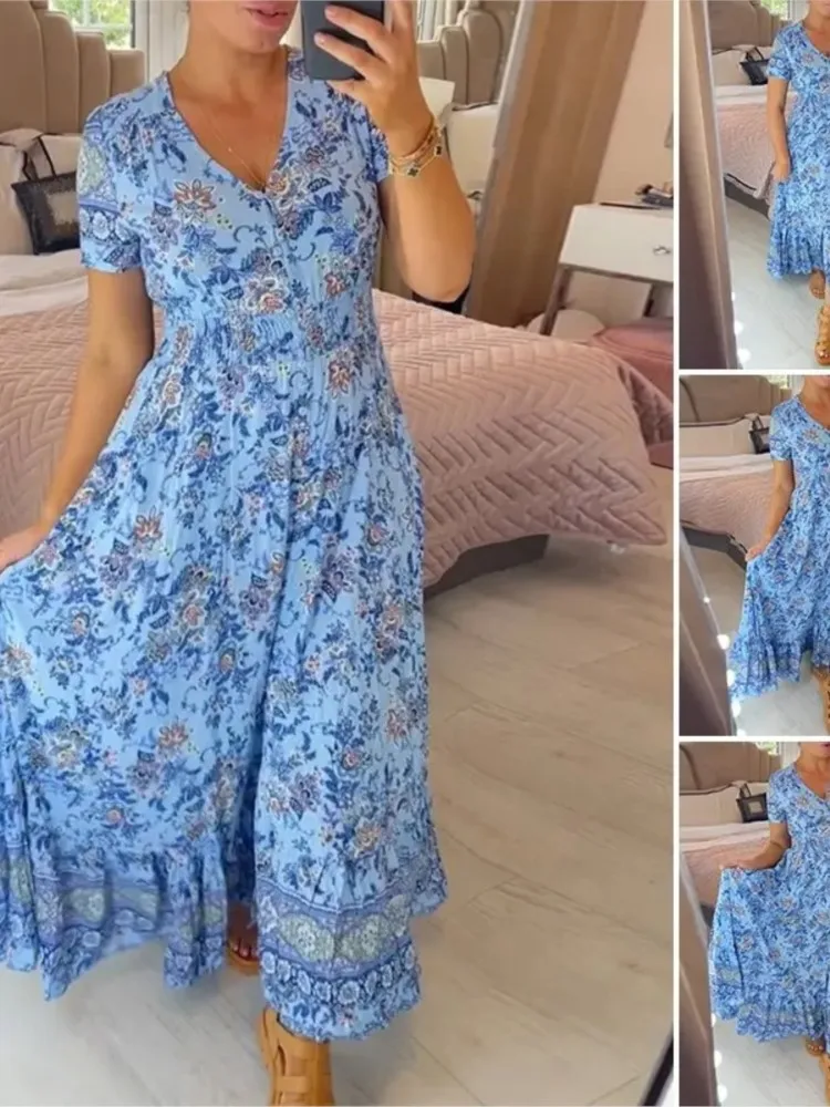 Casual Boho Bloemenprint Lange Jurk Voor Vrouwen Korte Mouw V-Hals Maxi Jurken 2024 Zomervakantie Strandjurk Dames