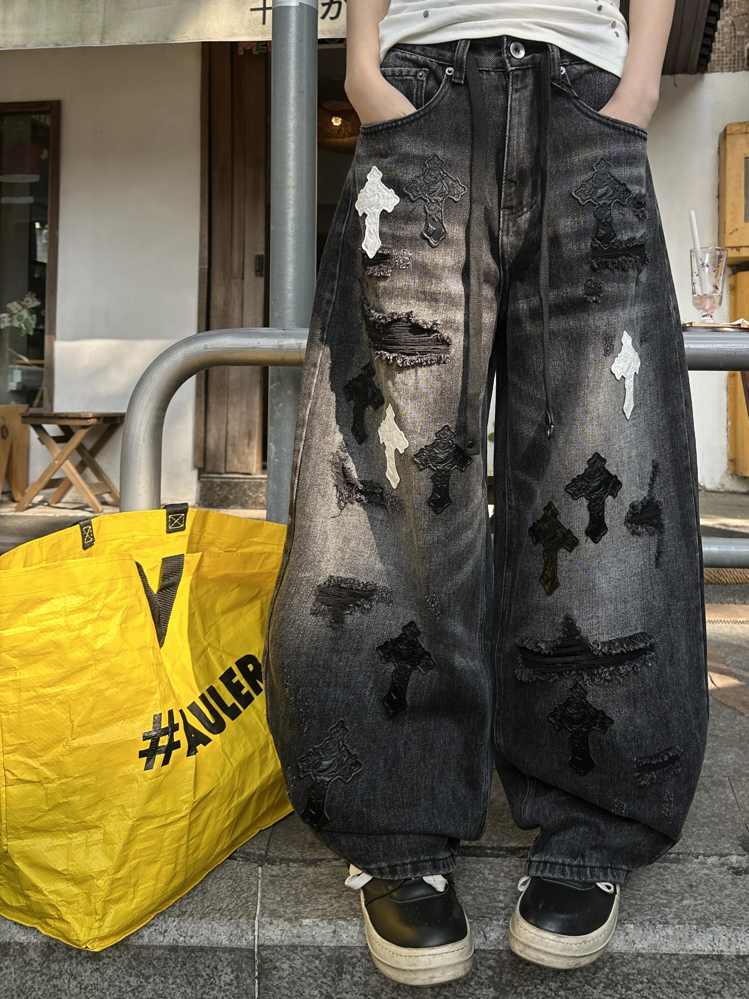 

American High-End Bla Waed Leather Patch Crosole Jeans Men's Casual Loose Straight Leg Pants Faion Urban Sle