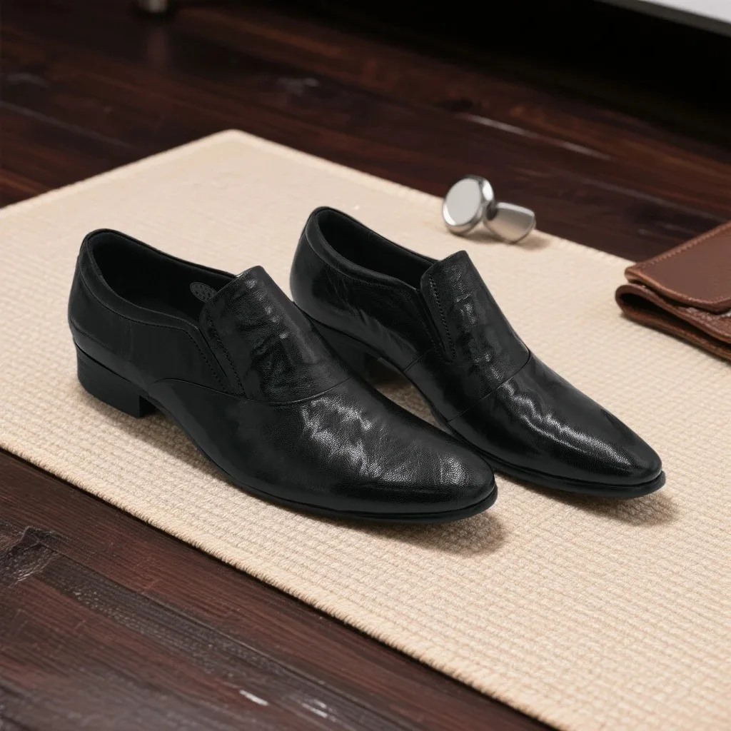 

New Men's Business Formal Shoes Pointed Toe Slip-On Leather Shoes Embossed Design Thick Bottom Rubber Outsole PU Insole