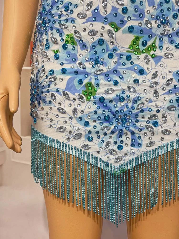 High Quality Rhinestone Tassel Elastic Printed Dress 2024 New Fashion Custom Women'S Clothing