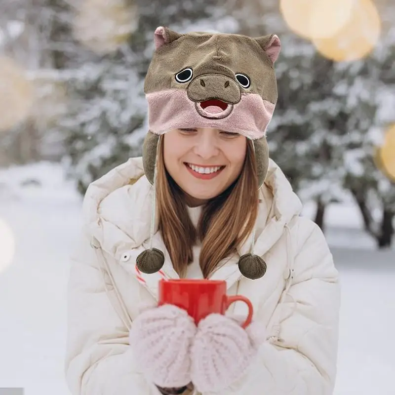 Animal Winter Hat With Ear Flaps Baby Hippo Design Cozy Winter Hat Daily Beanies For Kids And Teens Earmuff Hat For Outdoor