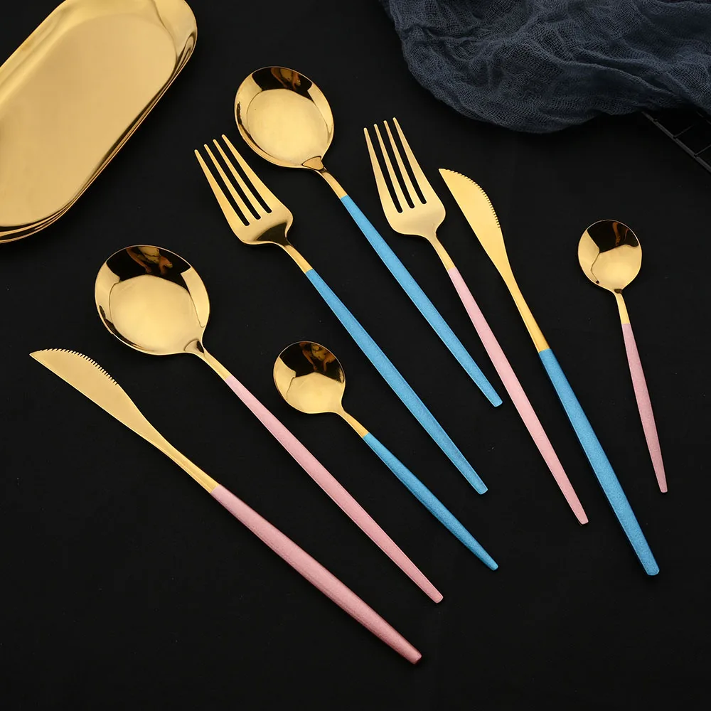 16pcs Pink Gold Dinnerware Tableware Set Mirror Stainless Steel Cutlery Kitchen Knife Fork Spoon Restaurant Wedding Flatware Set