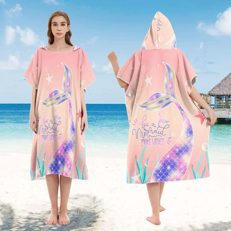 Microfiber Surf Poncho Wetsuit Changing Mermaid Style Bath Robe Quick Dry Pool Swim Beach Towel with Hood For Beach Swimming