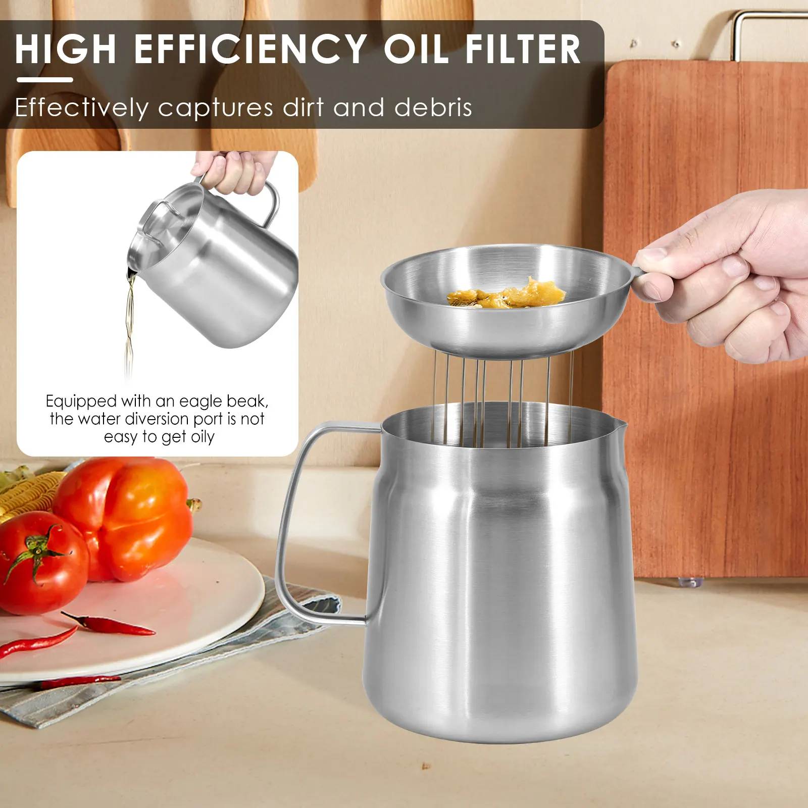 Oil Filter Pot Stainless Steel Oil Storage Can with Filter Lid and Frying Basket Oil Filter Tank Grease Container Kitchen Tool