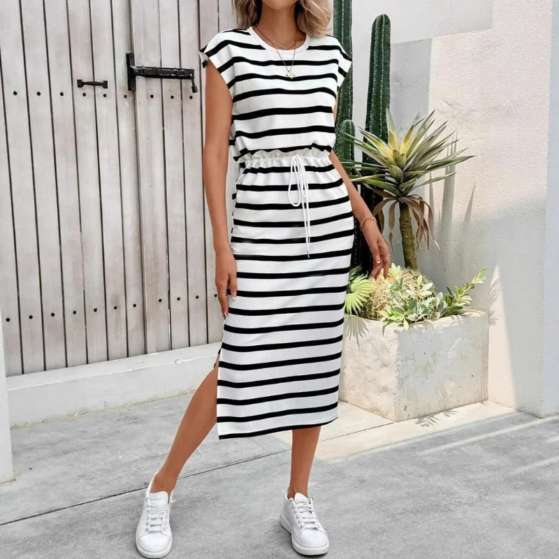 Women Black White Striped Sleeveless Drawstring Waist Side Slit Casual Midi Summer Dress