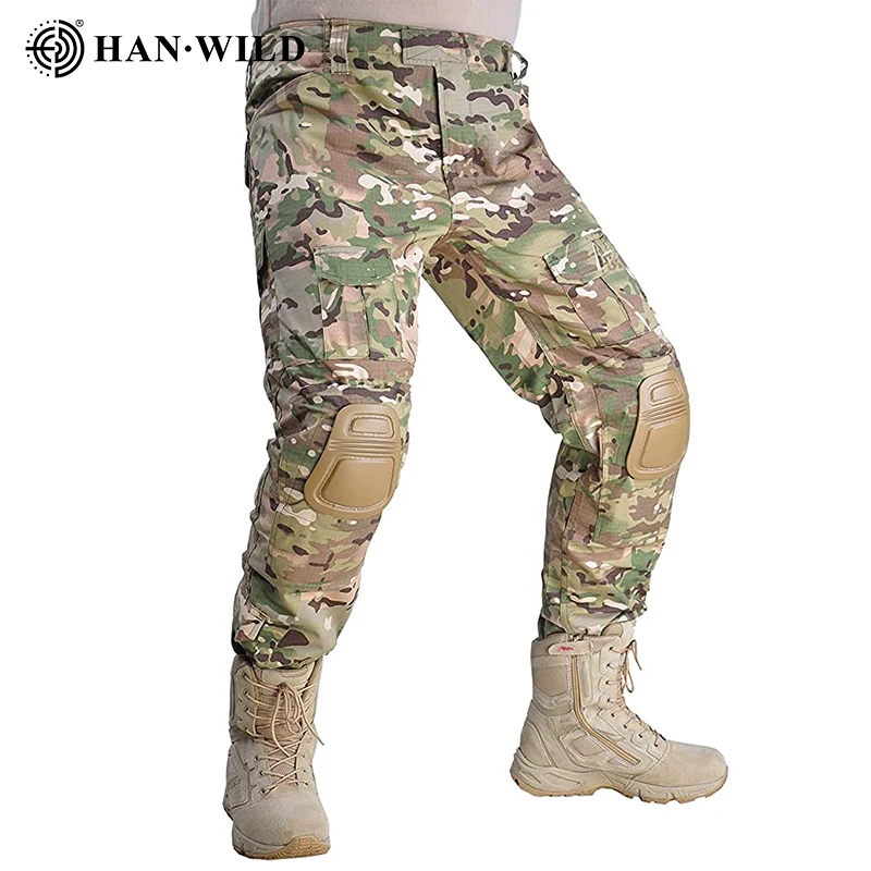 HAN WILD Climbing Camo Tactical Pants With Knee Pads Paintball Softair Hiking Pants Wear-resistant Combat Pants Hunting Clothes