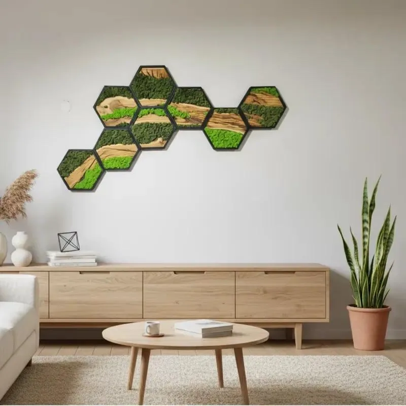 14x14 Inch Hexagonal Premium Olive Wood and Antiseptic Moss Wall Decor Eco Friendly Natural Decoration for Home Hotel Office