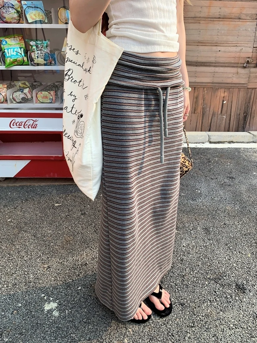 

Unique High Waist Drawstring A-Line Skirt for Women Summer Chic Striped Half-length Skirt Bodycon Long Skirt