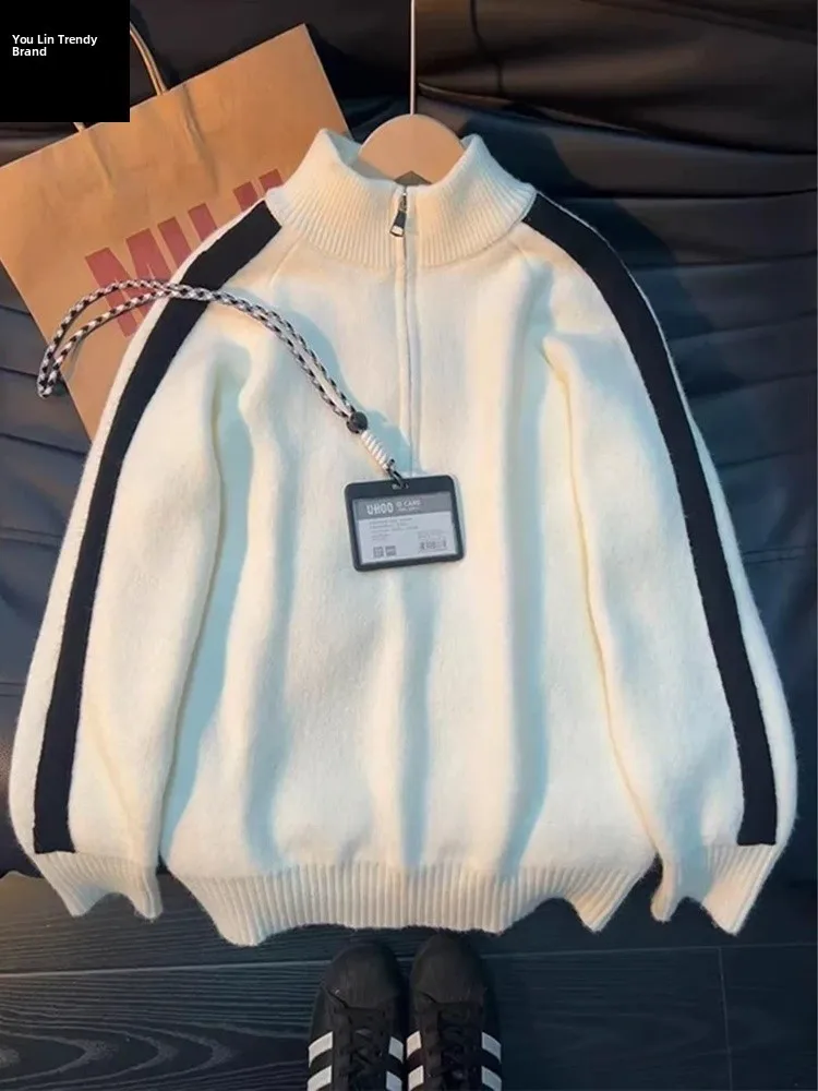 

Мужской зимний повседневный свободный свитер из трикотажа с воротником-стойкой на молнии, с подкладкой, в полоску, для ношения под одеждой