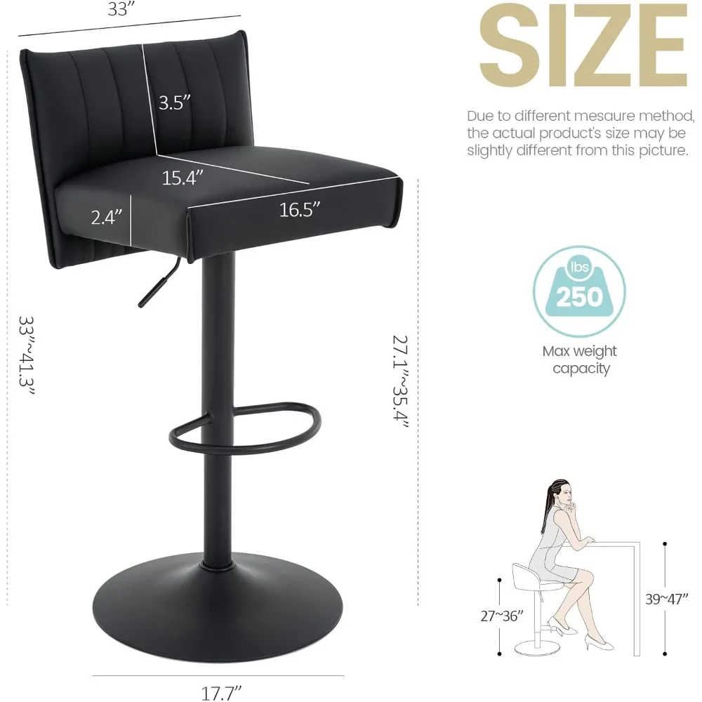 Adjustable Swivel PU Leather Bar Stool with Cushioned Seat and Low Backrest for Counter Height