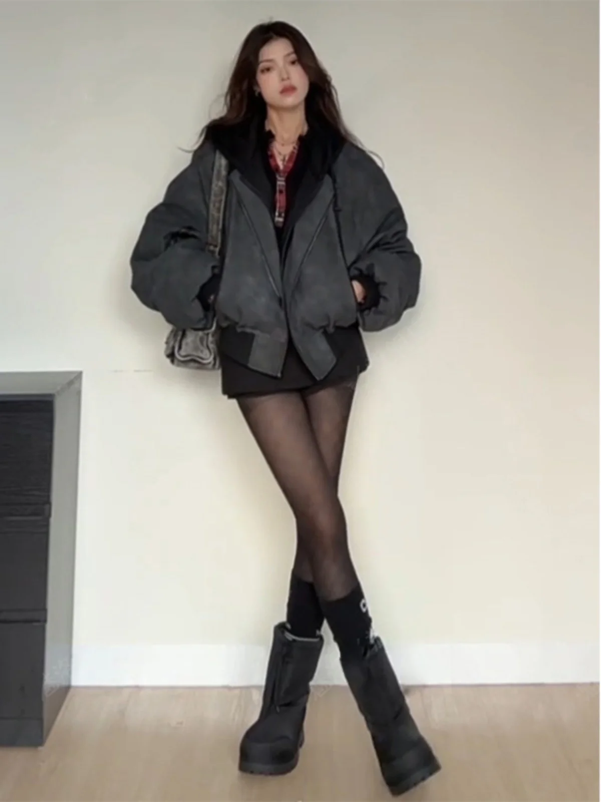 Retro American Double Layer Hooded Jacket Women's Winter Oversize Couple's Flight Wear Fake Two-Piece Cotton Blend Coat