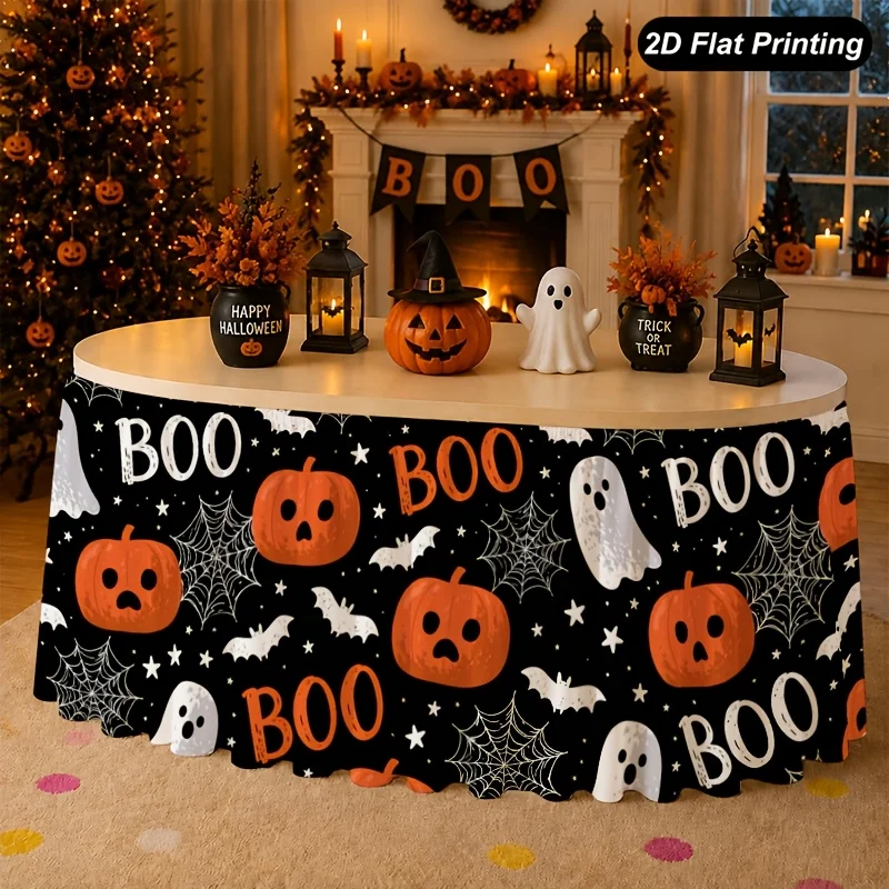 One 2D flat Halloween Boo ghost lamp and pumpkin table skirt. Perfect for Halloween family party decoration.xzj