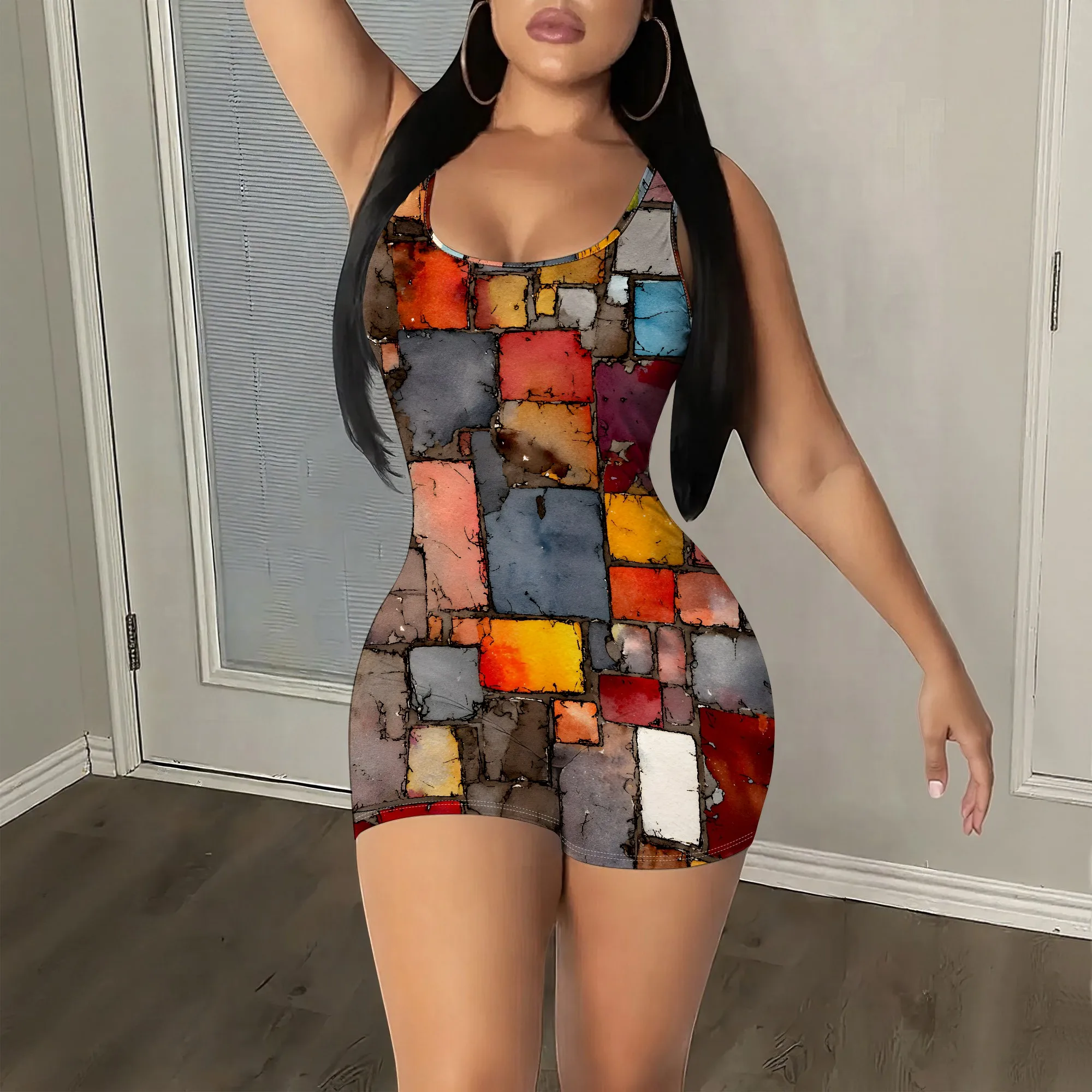 Colorful Abstract Print Sleeveless Romper, Vibrant Mosaic Pattern Jumpsuit, Casual Summer Bodycon Playsuit for Women, S-2XL