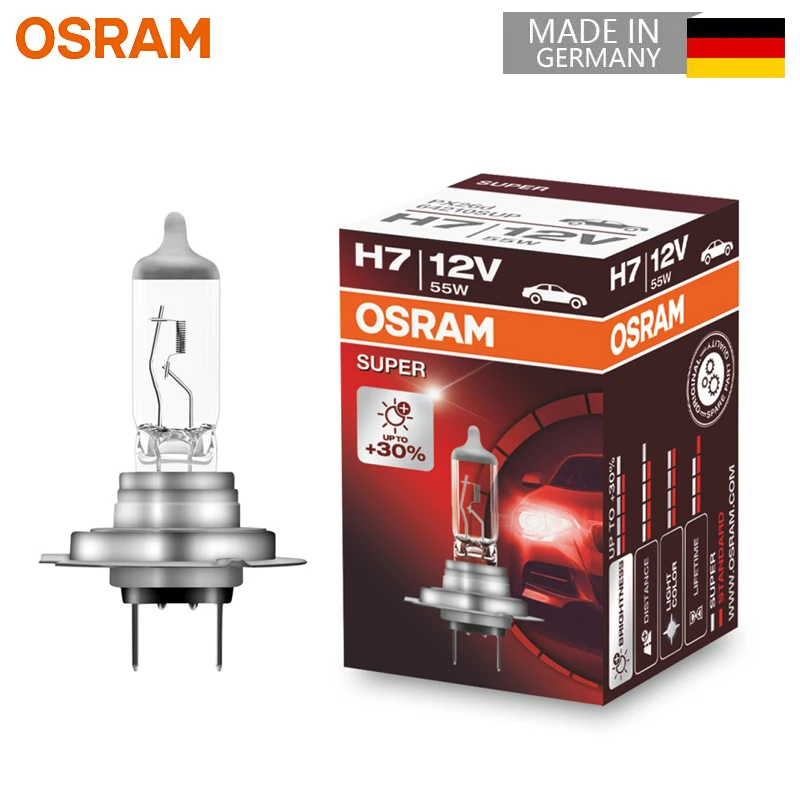 

OSRAM SUPER H7 12 В 55 Вт 3200K + 30% более яркая автомобильная лампа Оригинальная лампа стандартная Фара OEM качество Германия ECE 64210SUP, 1X