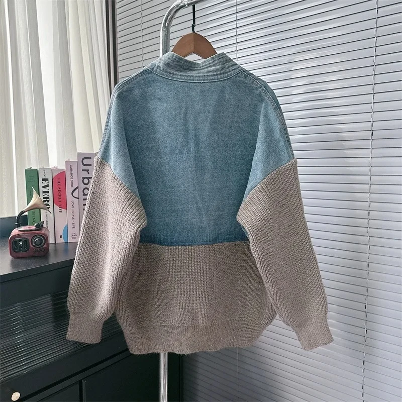 Cardigan en tricot patchwork en denim de style coréen pour femme, veste pull surdimensionnée et chic, inspirée du designer, tendance, automne et hiver