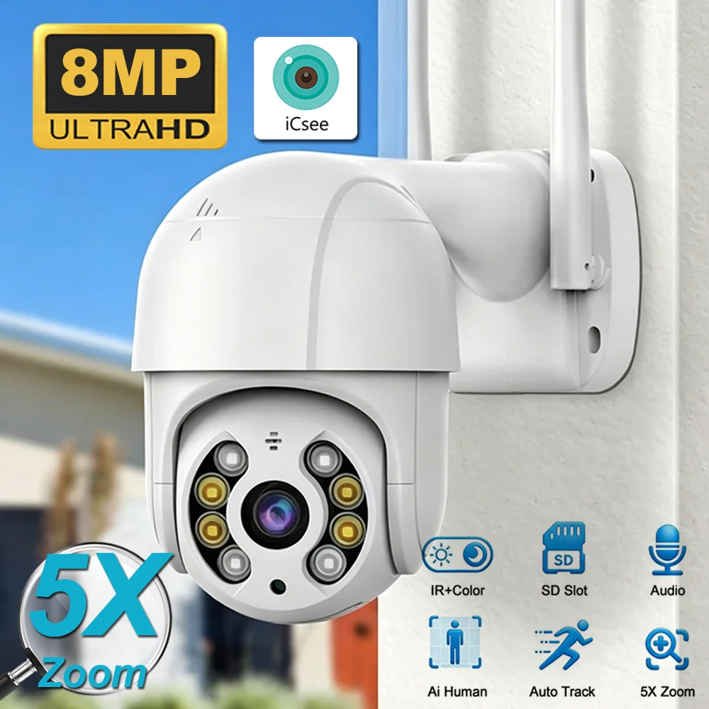 ICsee Outdoor Security Camera - 8MP 4K Wireless PTZ IP Cam with Color Night Vision & AI Auto Tracking, Home CCTV Surveillance