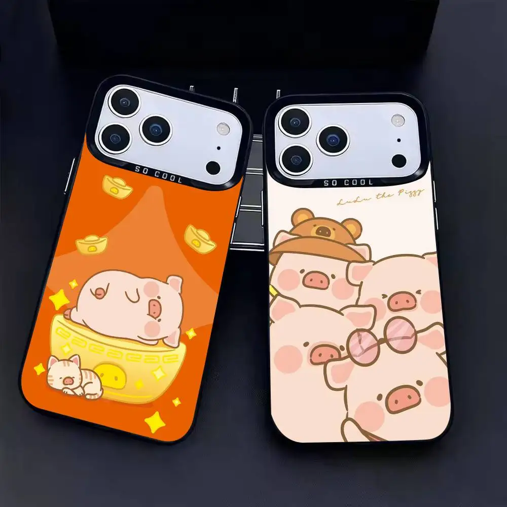 Cartoon LuLu Pig Phone Case For iPhone17, 16,15,14,13,12 Pro Max Black Candy Matte Shockproof Cover