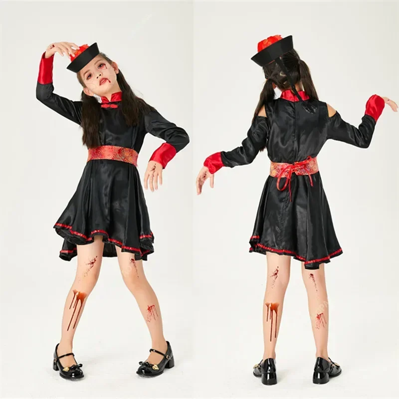 Girl Zombie Vampire Retro Embroidery Print Corpse Halloween Cosplay Costume Zombie Costume Black Dress Stage Performance Costume