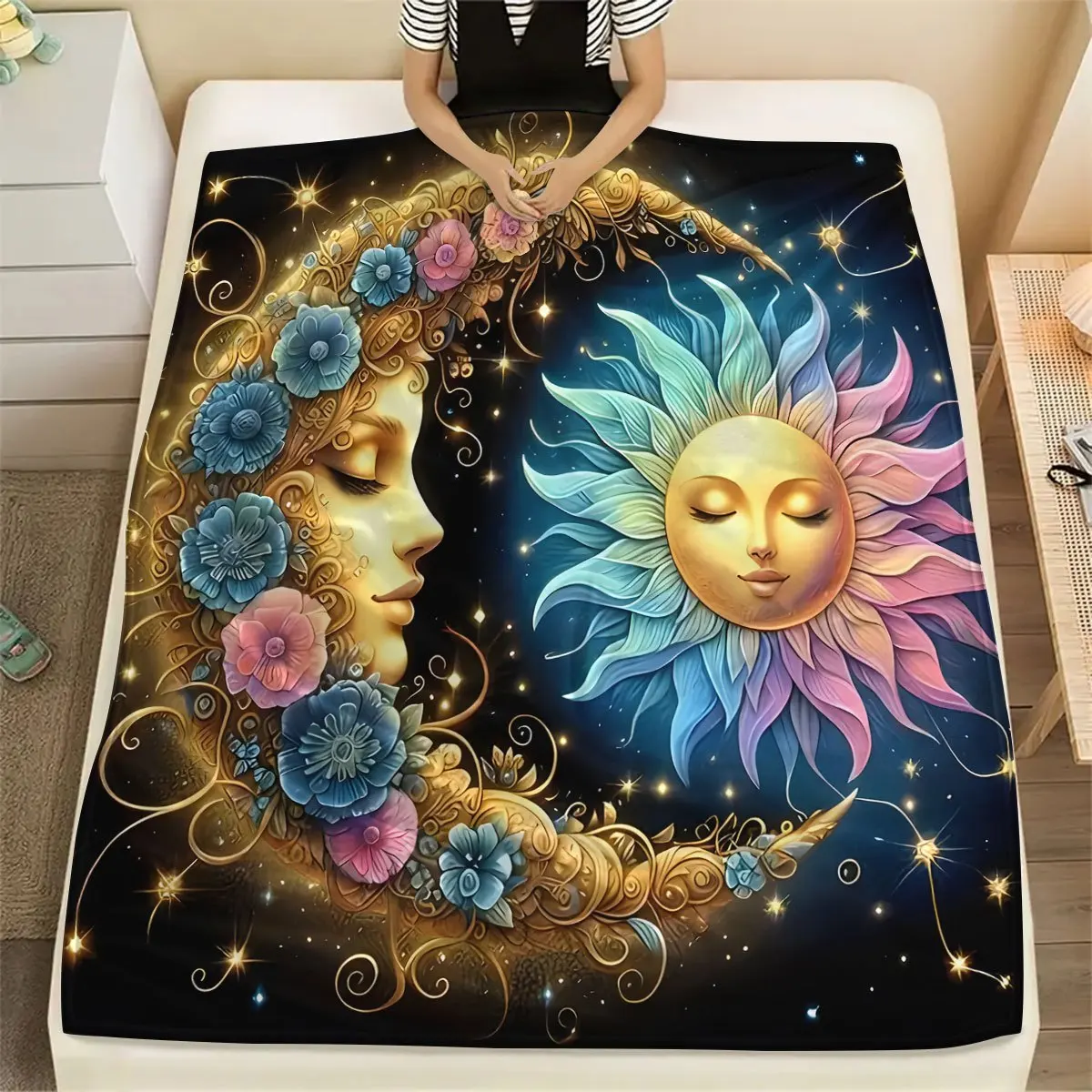 Bohemian Goddess Sun Celestial Throw Blanket Mystical Art Print Luxury Boho Bed Spread Cosmic Stars Home Decor Gift